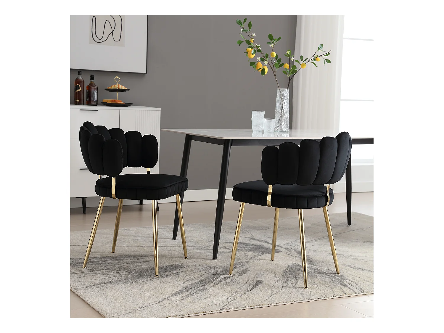 Fauteuil en velours moderne avec dossier fleuri et pieds métalliques, noir (58x56x78cm)