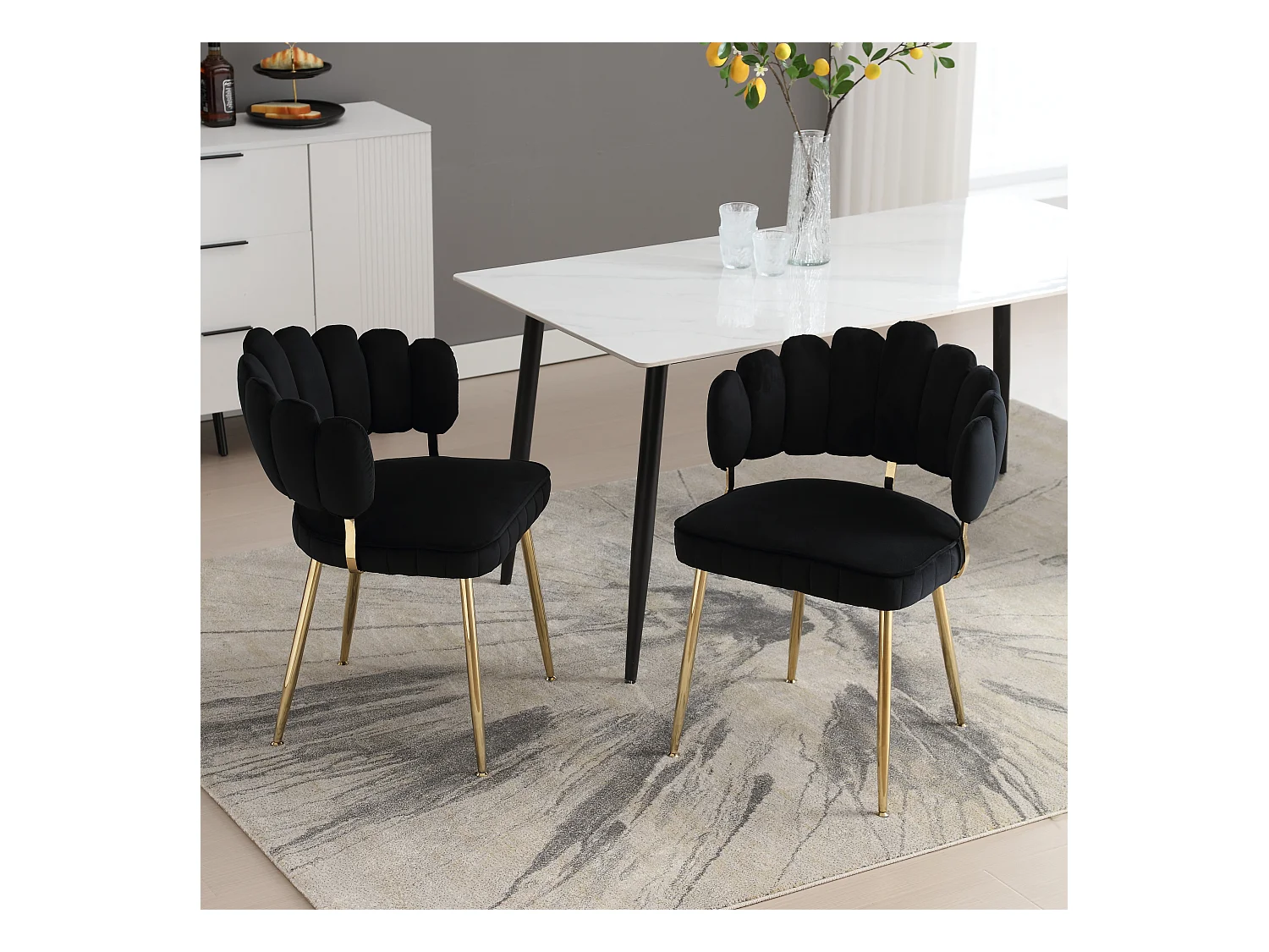 Fauteuil en velours moderne avec dossier fleuri et pieds métalliques, noir (58x56x78cm)