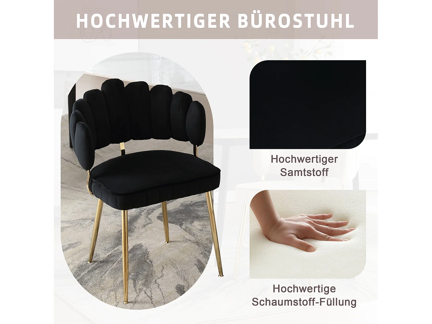 Fauteuil en velours moderne avec dossier fleuri et pieds métalliques, noir (58x56x78cm)