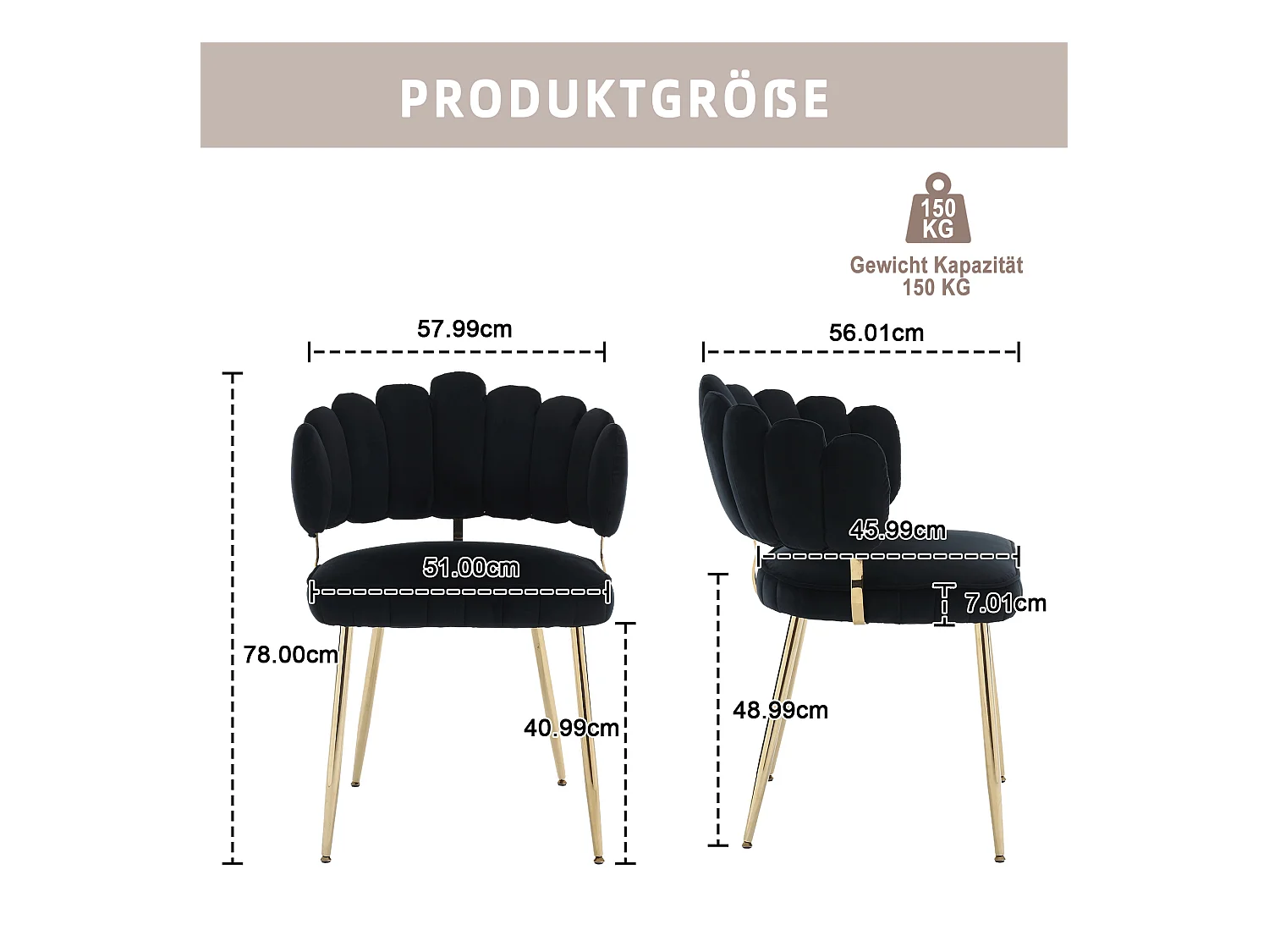 Fauteuil en velours moderne avec dossier fleuri et pieds métalliques, noir (58x56x78cm)
