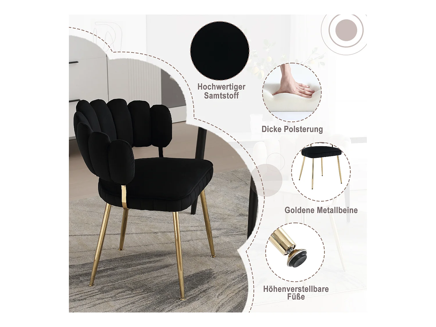 Fauteuil en velours moderne avec dossier fleuri et pieds métalliques, noir (58x56x78cm)