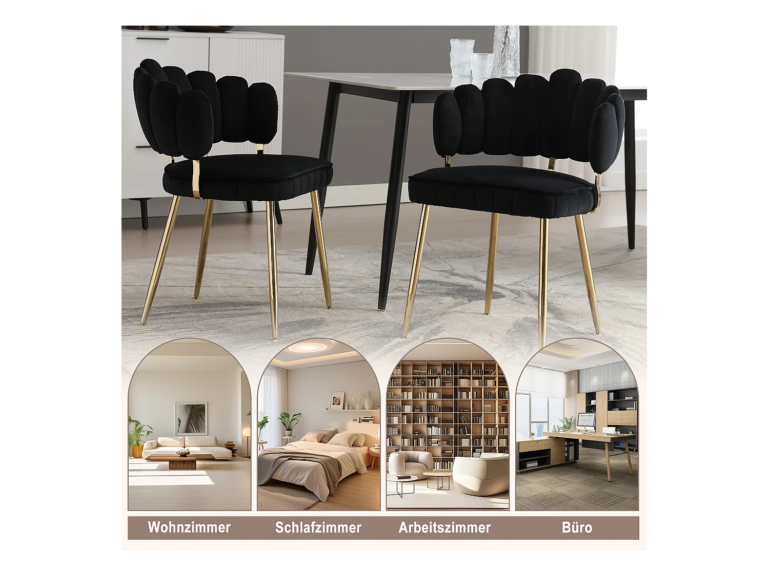 Fauteuil en velours moderne avec dossier fleuri et pieds métalliques, noir (58x56x78cm)