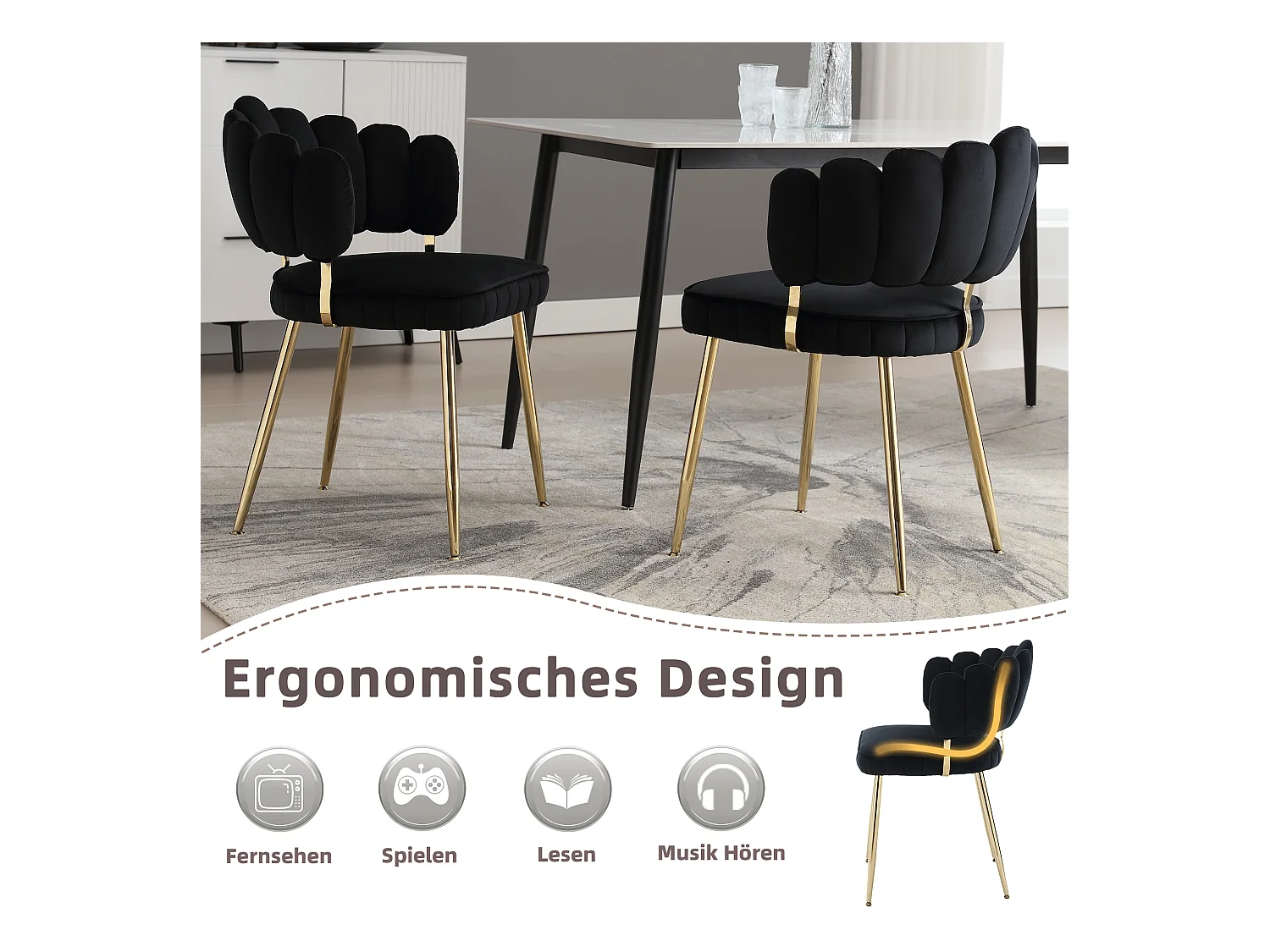 Fauteuil en velours moderne avec dossier fleuri et pieds métalliques, noir (58x56x78cm)