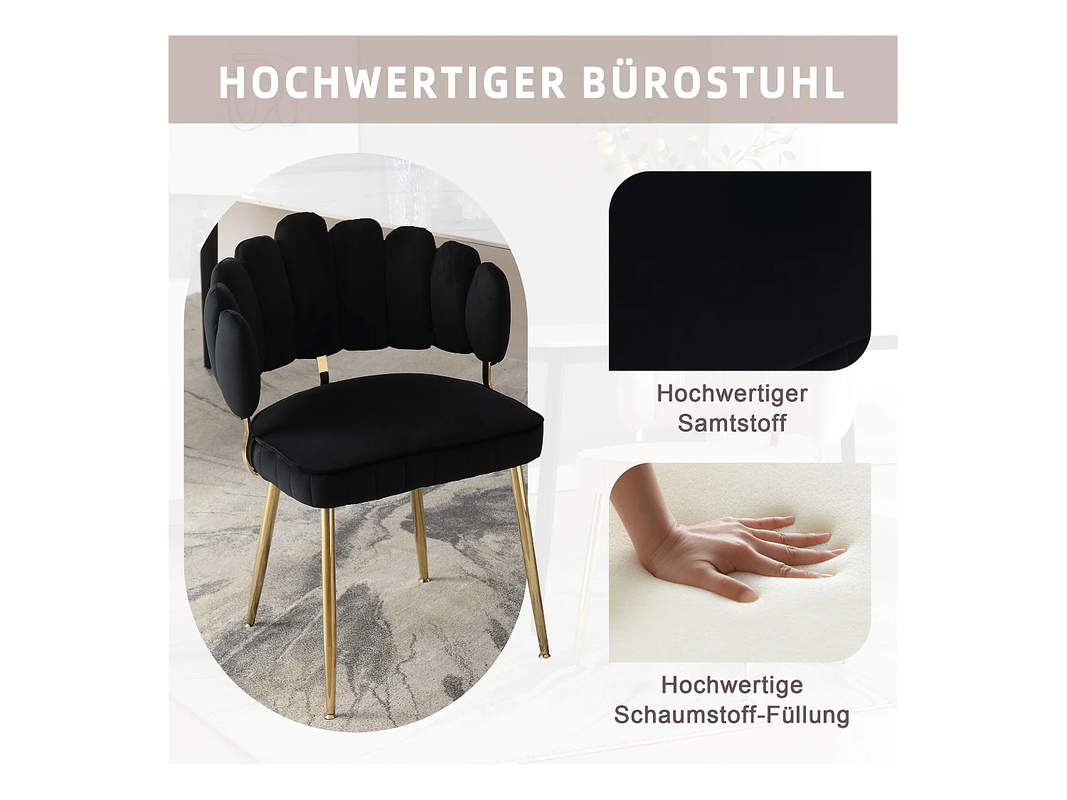 Fauteuil en velours moderne avec dossier fleuri et pieds métalliques, noir (58x56x78cm)