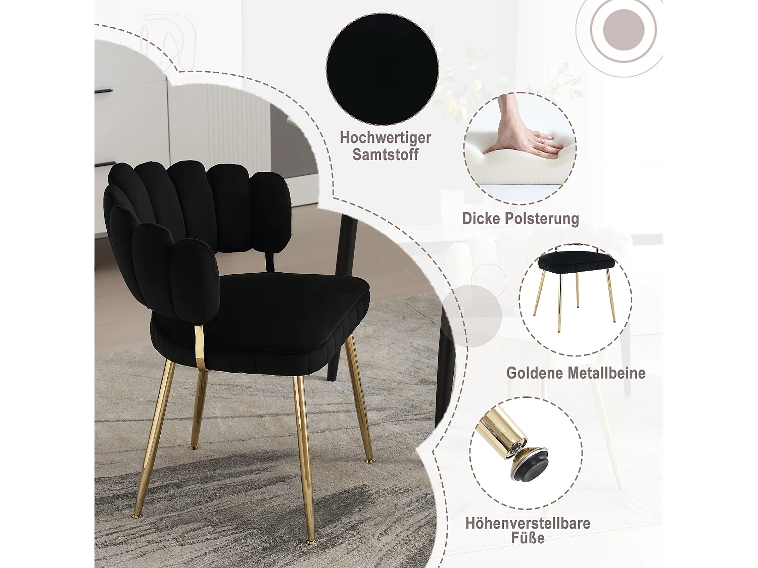 Fauteuil en velours moderne avec dossier fleuri et pieds métalliques, noir (58x56x78cm)