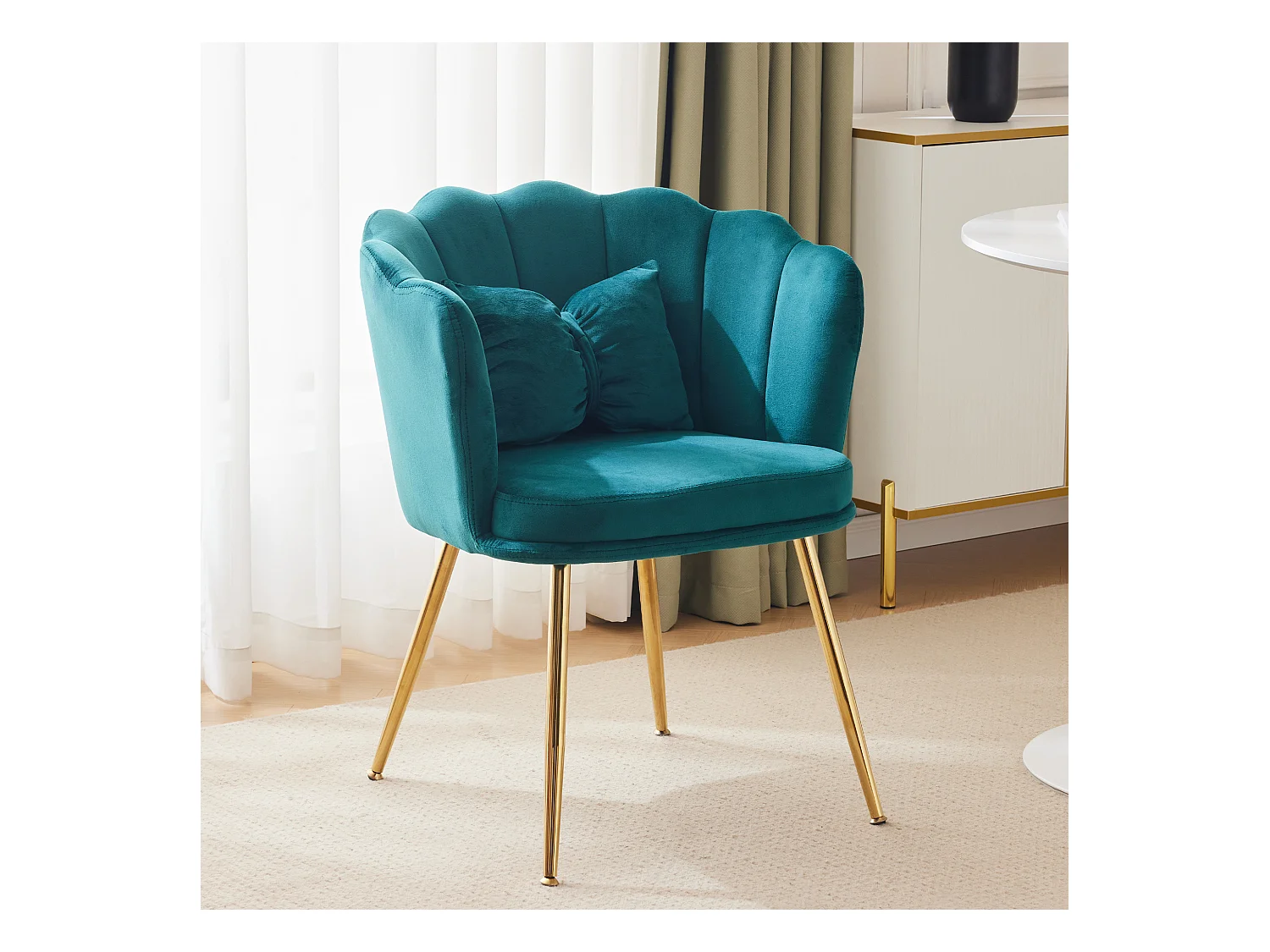 Moderne fluwelen fauteuil, rugleuning in bladmotief, poten van goudkleurig metaal, decoratief kussen, voor woonkamer, slaapkamer, eetkamer (63x58x77 cm)