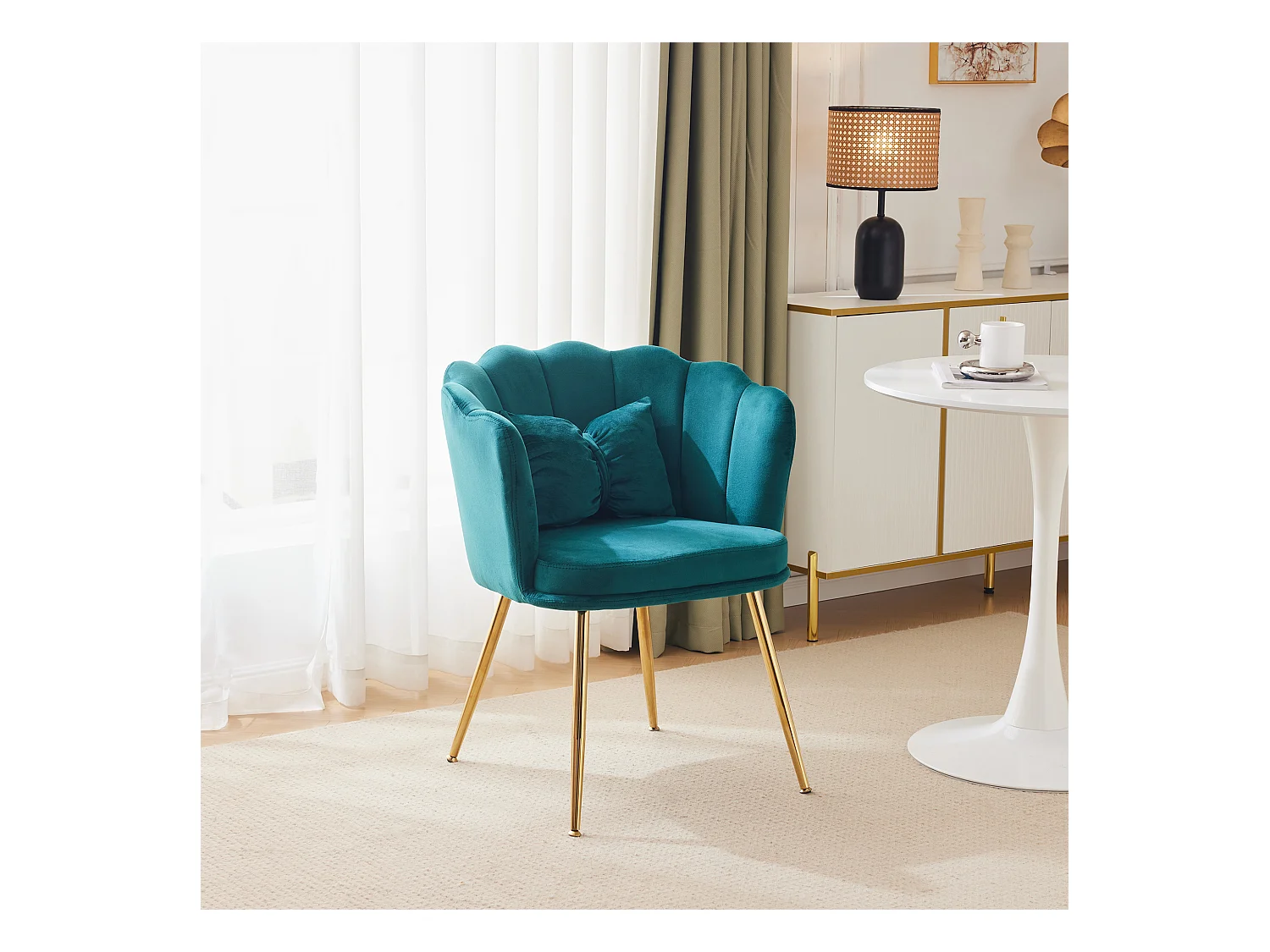 Moderne fluwelen fauteuil, rugleuning in bladmotief, poten van goudkleurig metaal, decoratief kussen, voor woonkamer, slaapkamer, eetkamer (63x58x77 cm)