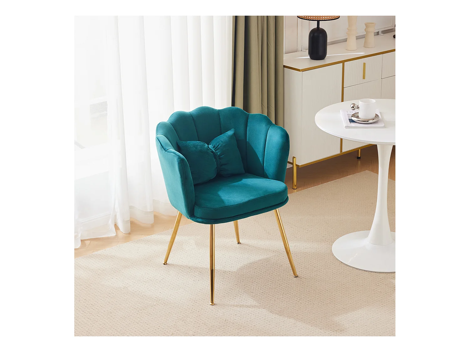 Moderne fluwelen fauteuil, rugleuning in bladmotief, poten van goudkleurig metaal, decoratief kussen, voor woonkamer, slaapkamer, eetkamer (63x58x77 cm)