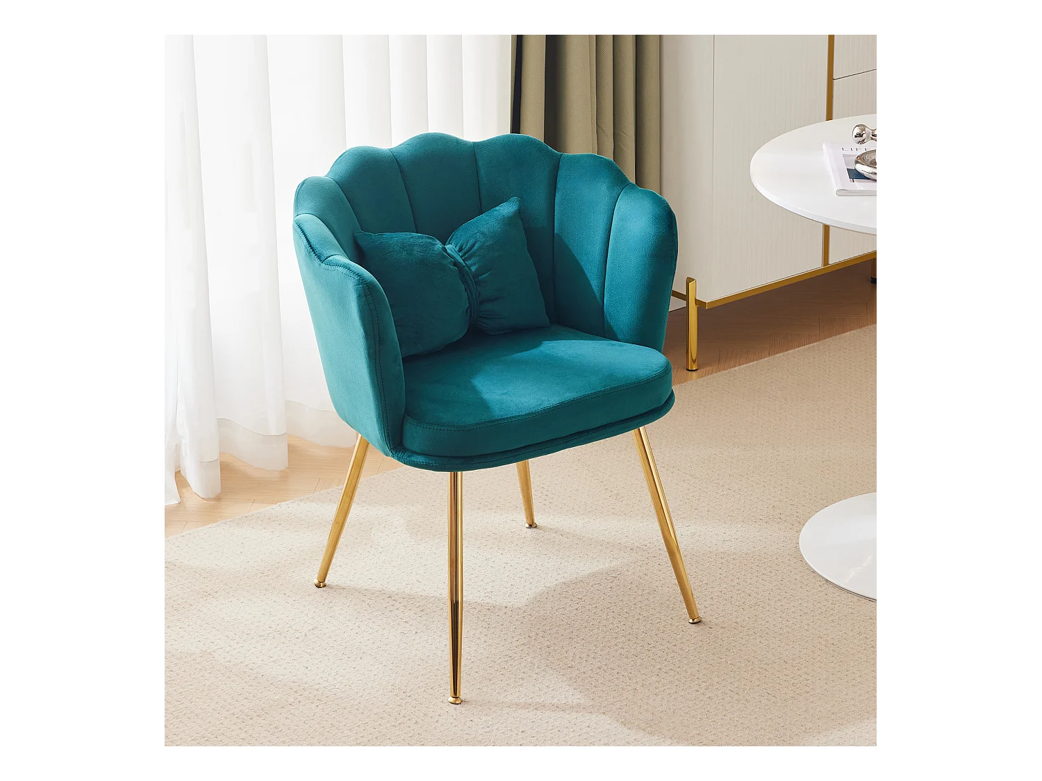 Moderne fluwelen fauteuil, rugleuning in bladmotief, poten van goudkleurig metaal, decoratief kussen, voor woonkamer, slaapkamer, eetkamer (63x58x77 cm)