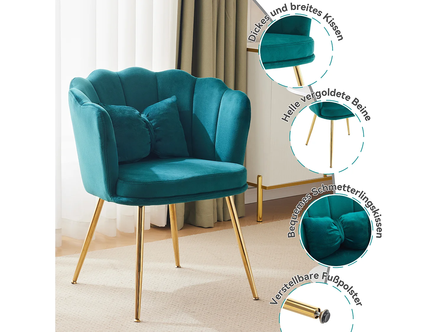 Moderne fluwelen fauteuil, rugleuning in bladmotief, poten van goudkleurig metaal, decoratief kussen, voor woonkamer, slaapkamer, eetkamer (63x58x77 cm)