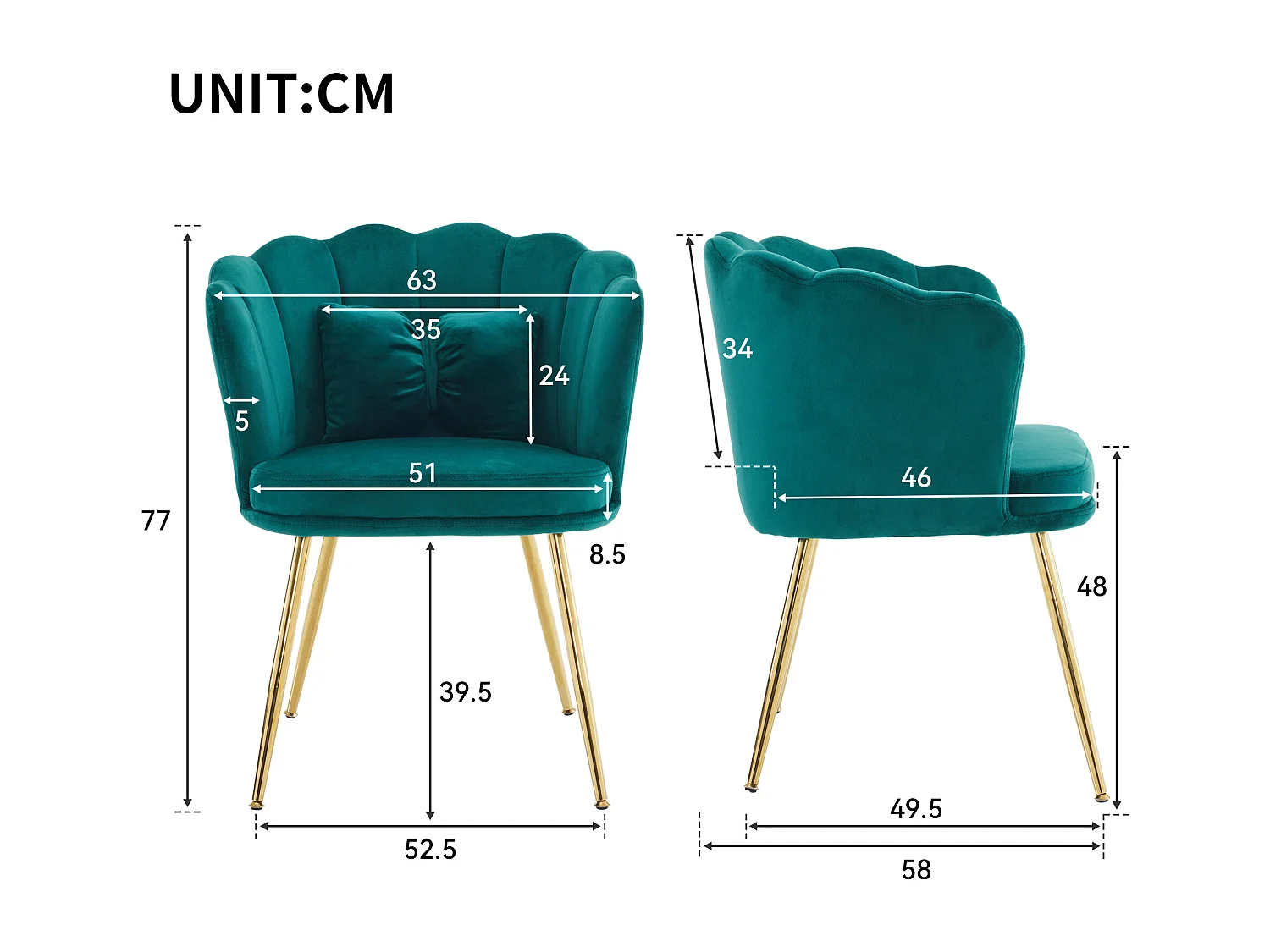 Moderne fluwelen fauteuil, rugleuning in bladmotief, poten van goudkleurig metaal, decoratief kussen, voor woonkamer, slaapkamer, eetkamer (63x58x77 cm)
