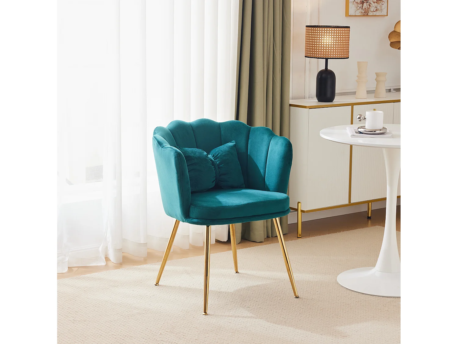 Fauteuil moderne velours, dossier pétale, pieds métalliques dorés, coussin décoratif, pour salon, chambre, salle à manger (63x58x77 cm)