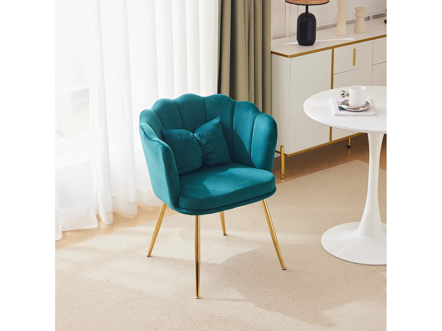 Fauteuil moderne velours, dossier pétale, pieds métalliques dorés, coussin décoratif, pour salon, chambre, salle à manger (63x58x77 cm)