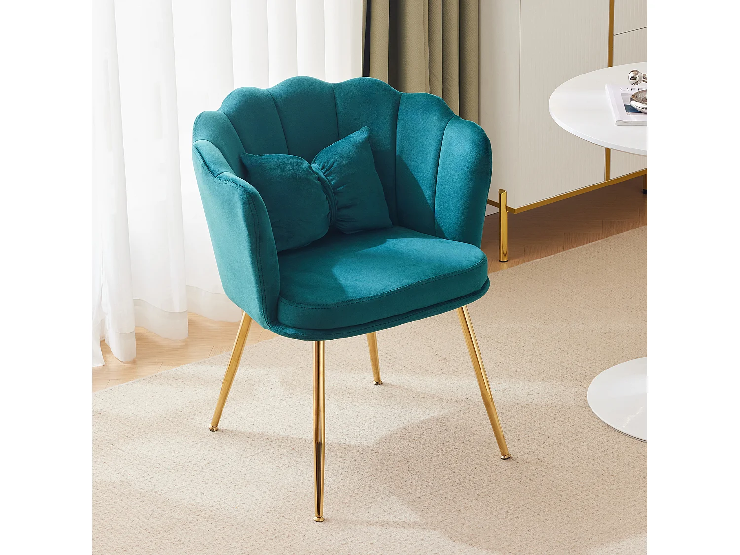 Fauteuil moderne velours, dossier pétale, pieds métalliques dorés, coussin décoratif, pour salon, chambre, salle à manger (63x58x77 cm)