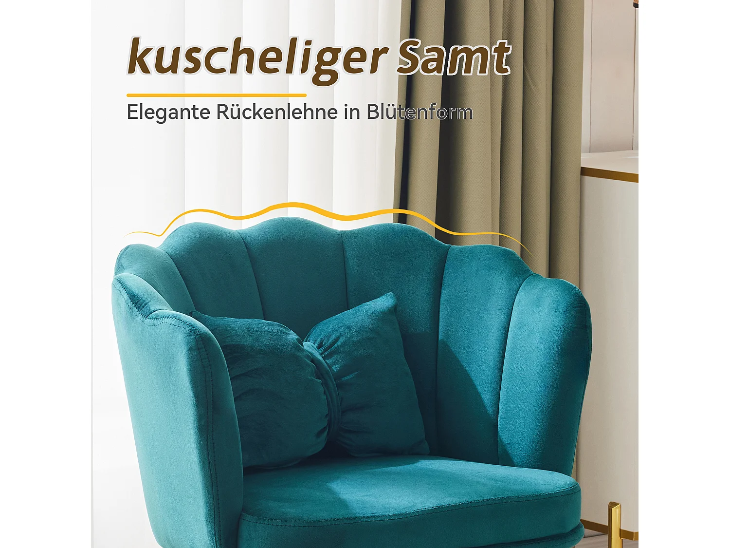 Fauteuil moderne velours, dossier pétale, pieds métalliques dorés, coussin décoratif, pour salon, chambre, salle à manger (63x58x77 cm)