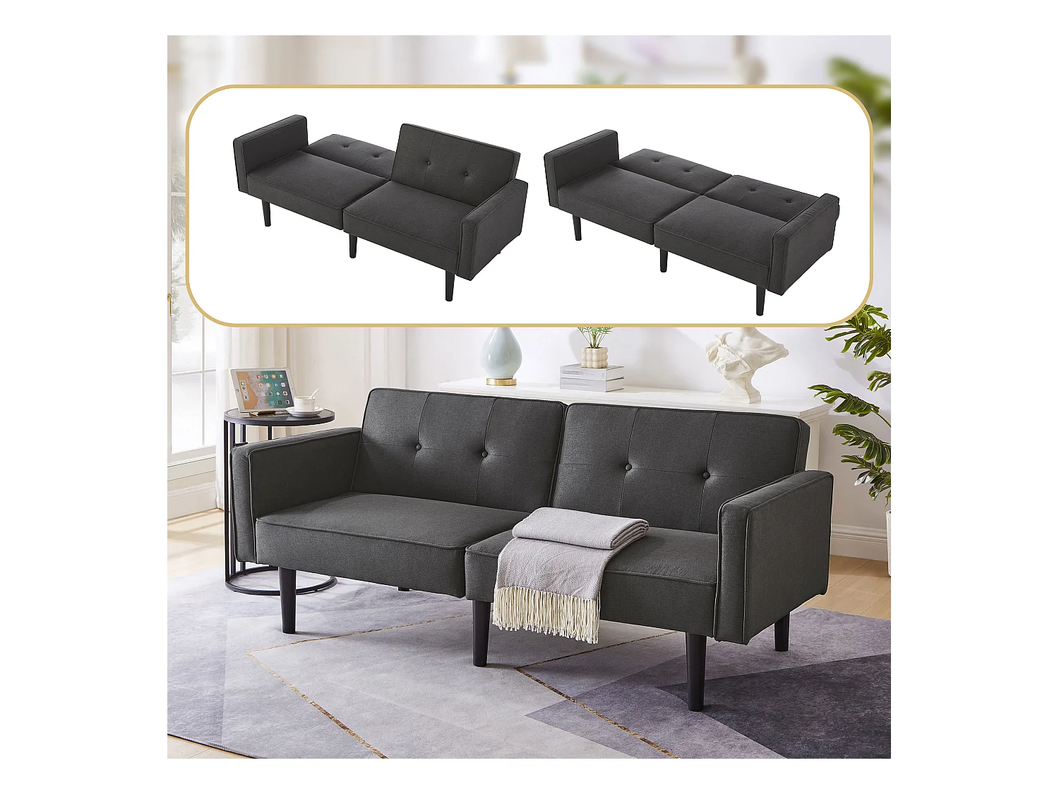 Divano trasformabile a 2 posti con schienale regolabile, in cotone-lino, nero antico (176x76x74 cm)