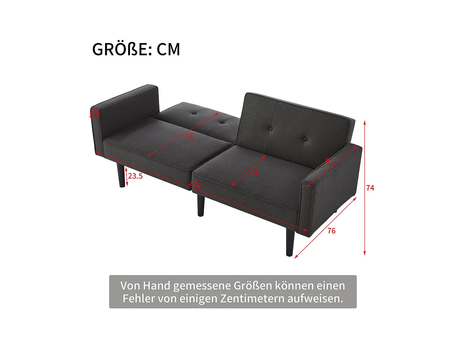 Divano trasformabile a 2 posti con schienale regolabile, in cotone-lino, nero antico (176x76x74 cm)