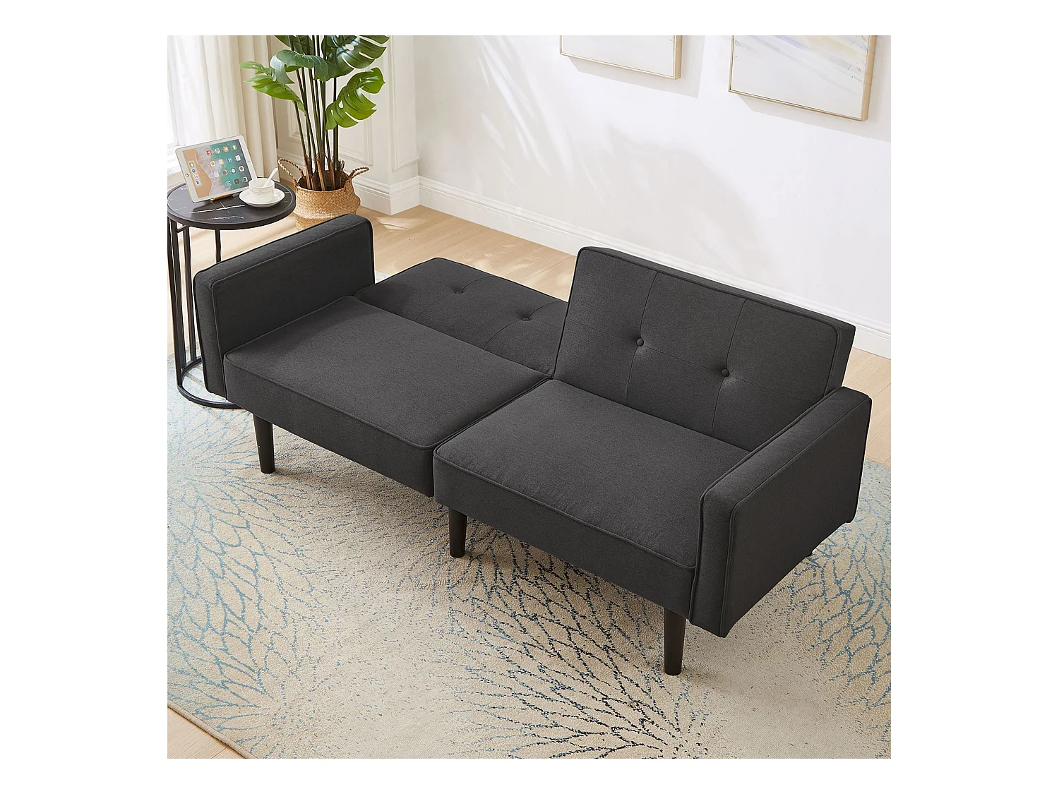 Divano trasformabile a 2 posti con schienale regolabile, in cotone-lino, nero antico (176x76x74 cm)