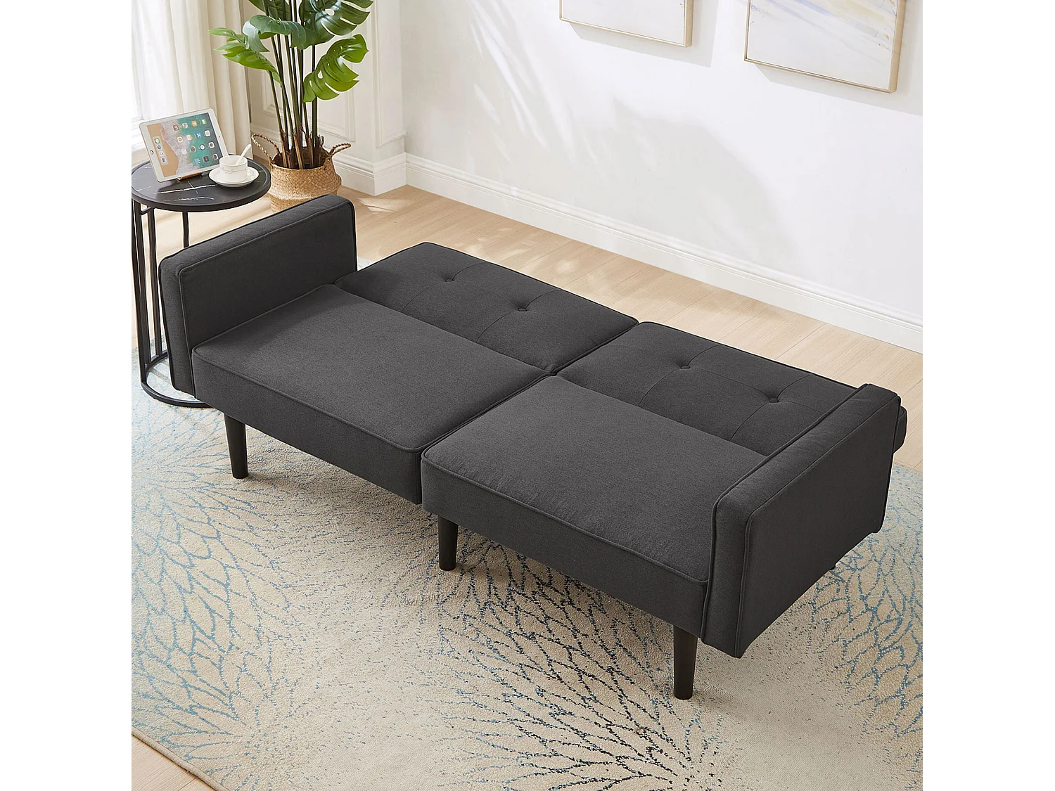 Canapé convertible 2 places avec dossier réglable, en coton-lin, noir antique (176x76x74 cm)