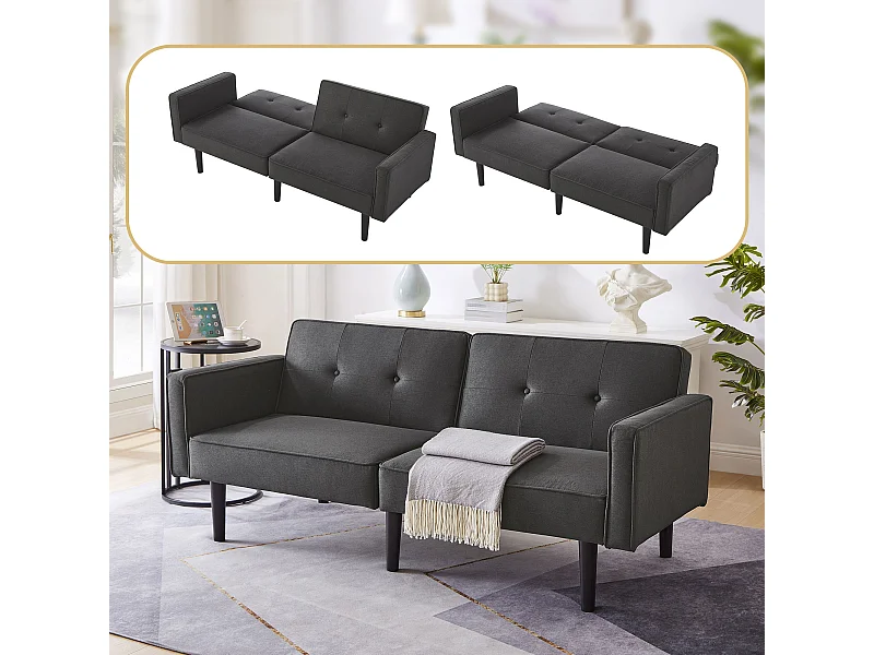 Canapé convertible 2 places avec dossier réglable, en coton-lin, noir antique (176x76x74 cm)