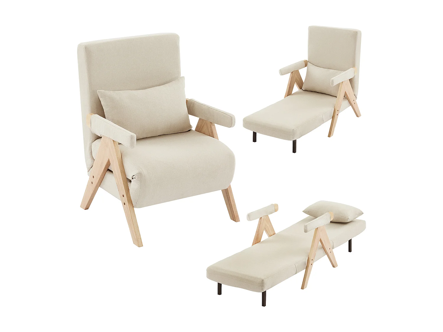 3-in-1 converteerbare fauteuil met bedfunctie, beige linnen stof (64x68,5x93 cm)