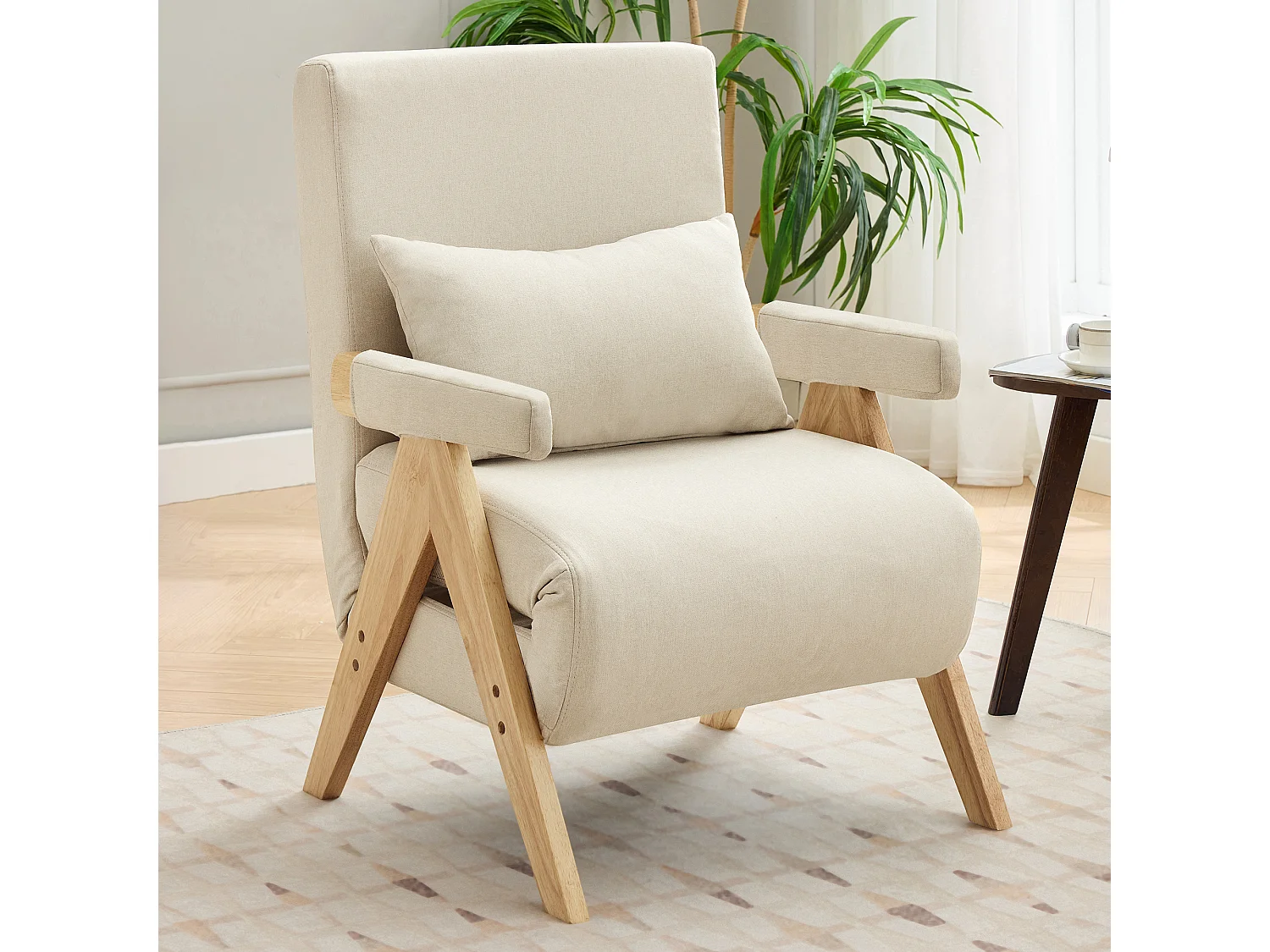 3-in-1 converteerbare fauteuil met bedfunctie, beige linnen stof (64x68,5x93 cm)