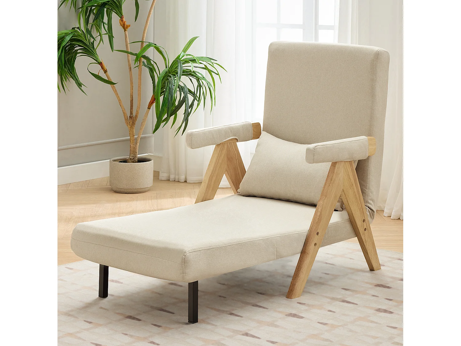 3-in-1 converteerbare fauteuil met bedfunctie, beige linnen stof (64x68,5x93 cm)