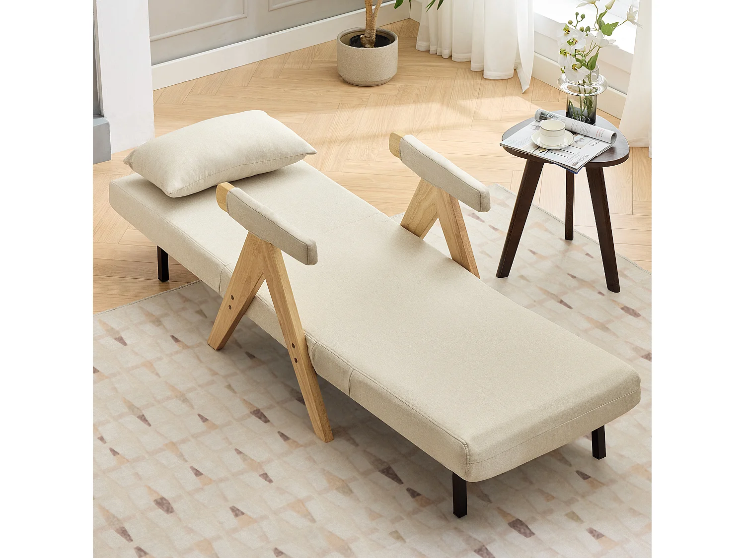 3-in-1 converteerbare fauteuil met bedfunctie, beige linnen stof (64x68,5x93 cm)