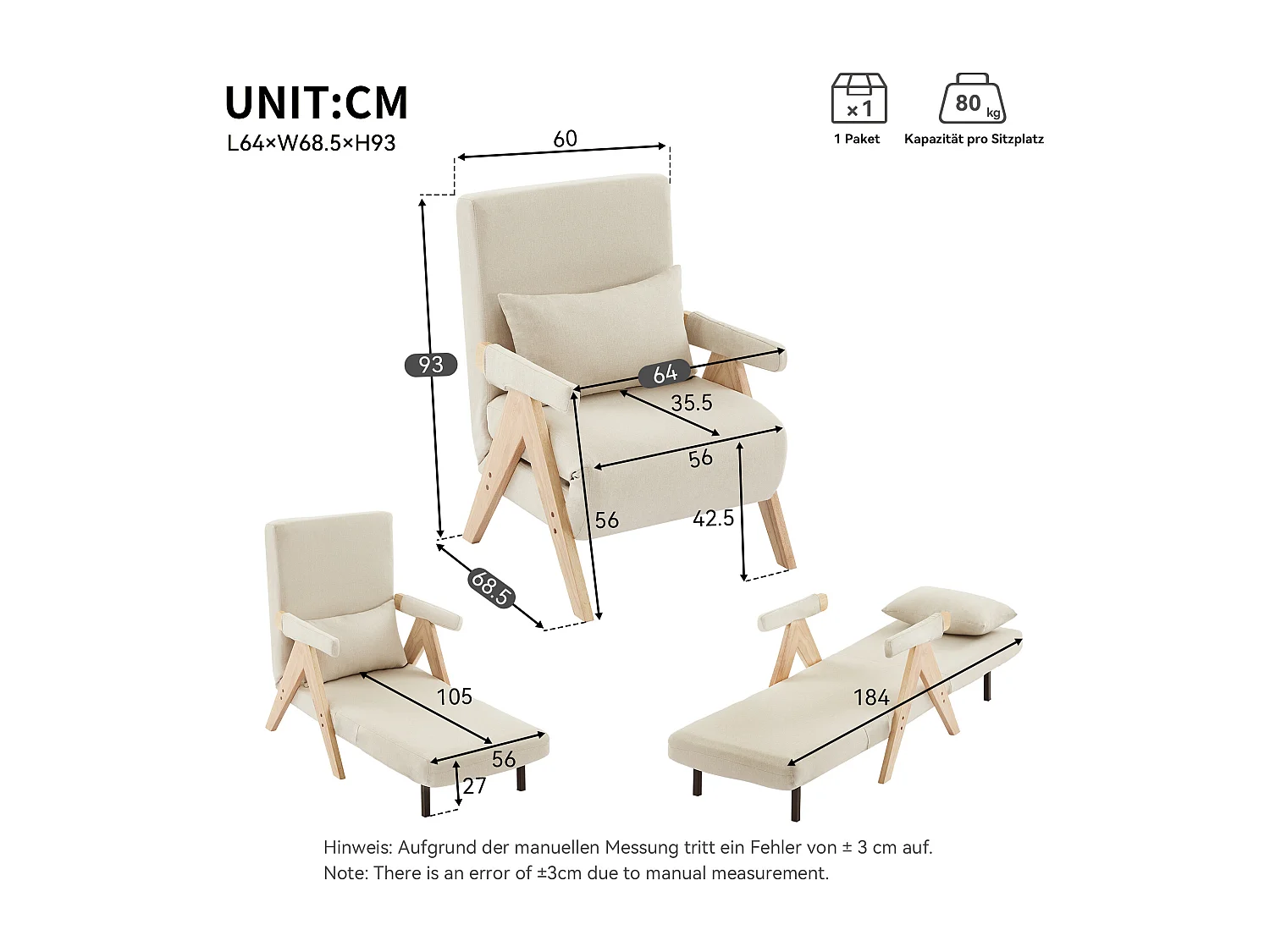 3-in-1 converteerbare fauteuil met bedfunctie, beige linnen stof (64x68,5x93 cm)