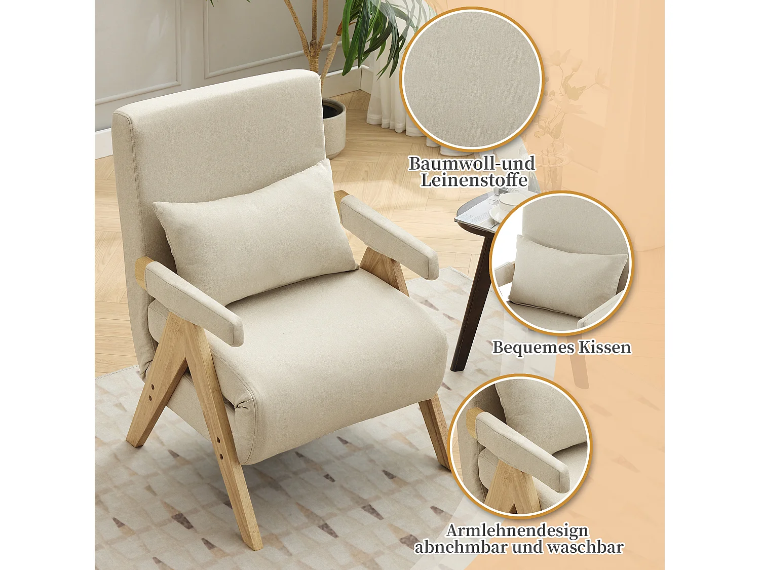 3-in-1 converteerbare fauteuil met bedfunctie, beige linnen stof (64x68,5x93 cm)