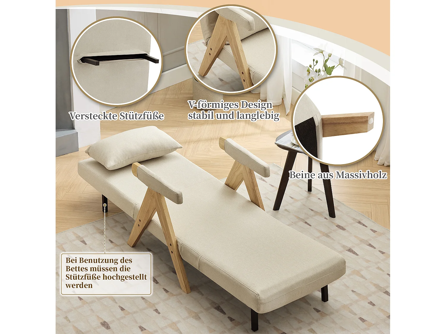 3-in-1 converteerbare fauteuil met bedfunctie, beige linnen stof (64x68,5x93 cm)