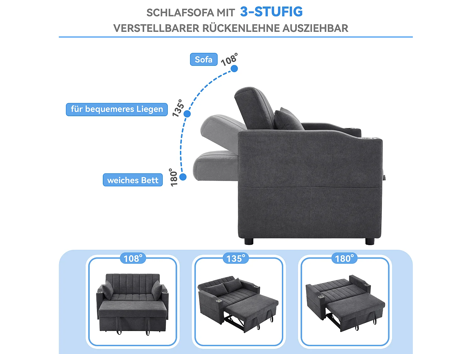 Canapé convertible 2 places, avec fonction lit, en coton, gris (136x162x84 cm)