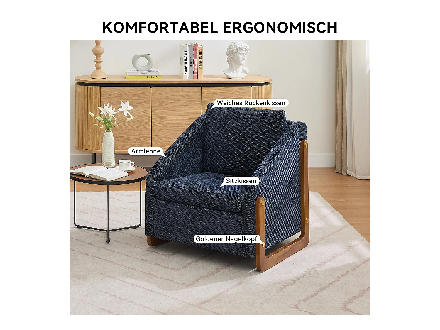 Sillón de acento, sillón de salón, sillón con brazos de madera, en chenilla azul, 73,5x73,5x73,5 cm