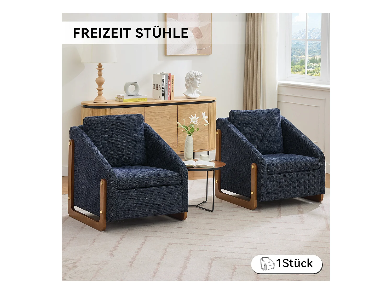 Sillón de acento, sillón de salón, sillón con brazos de madera, en chenilla azul, 73,5x73,5x73,5 cm