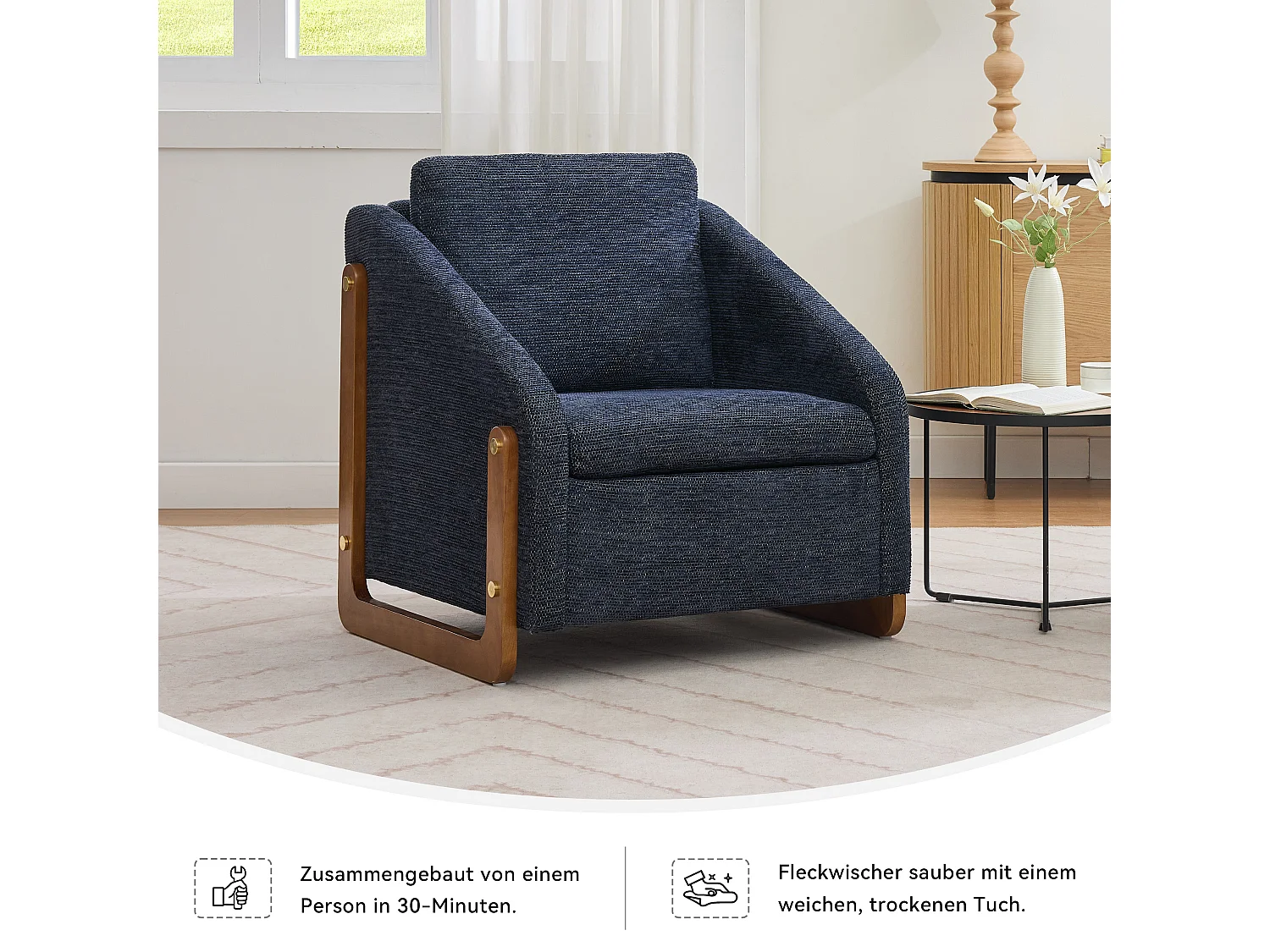 Sillón de acento, sillón de salón, sillón con brazos de madera, en chenilla azul, 73,5x73,5x73,5 cm