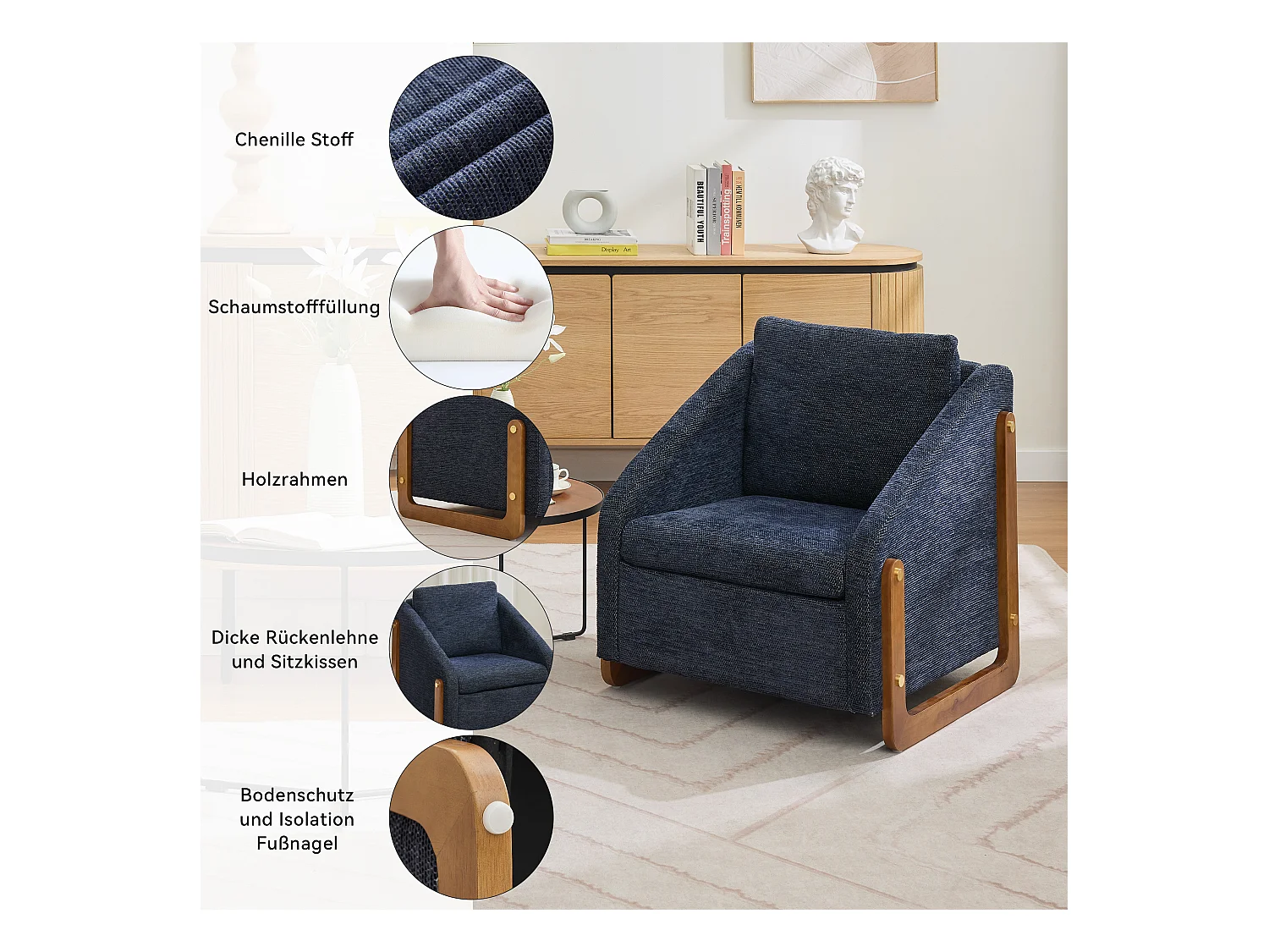 Fauteuil accent, fauteuil de salon, fauteuil avec accoudoirs en bois, en Chenille bleu, 73.5x73.5x73.5 cm