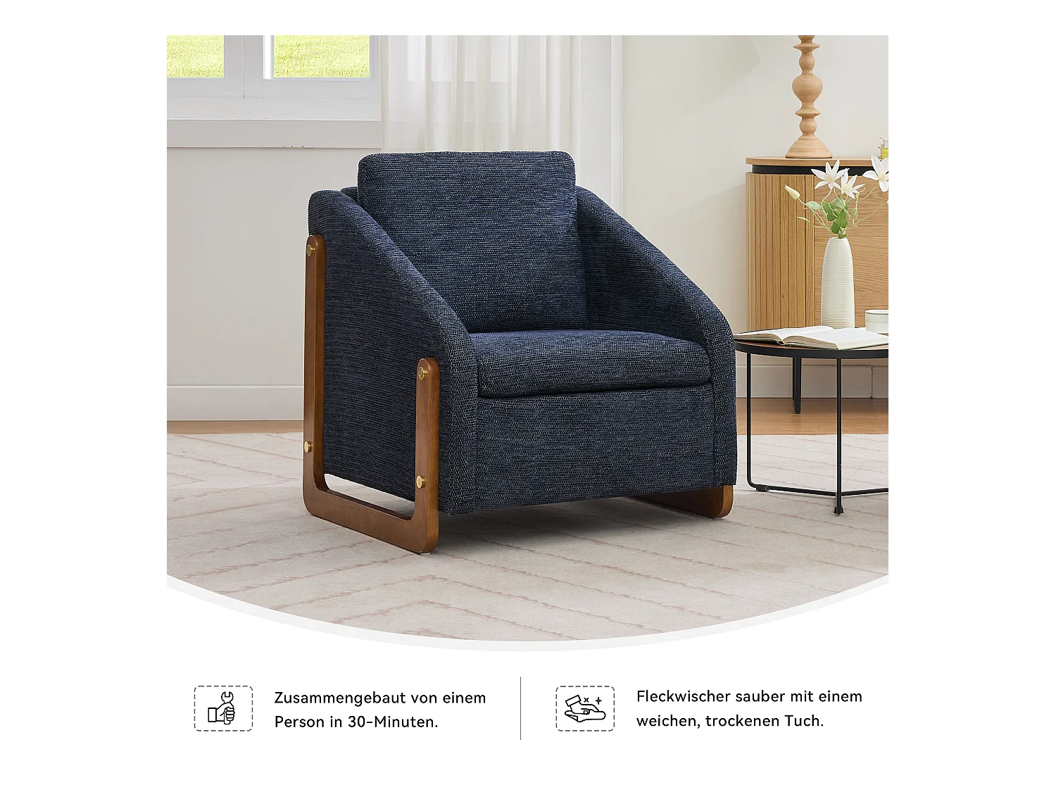 Fauteuil accent, fauteuil de salon, fauteuil avec accoudoirs en bois, en Chenille bleu, 73.5x73.5x73.5 cm
