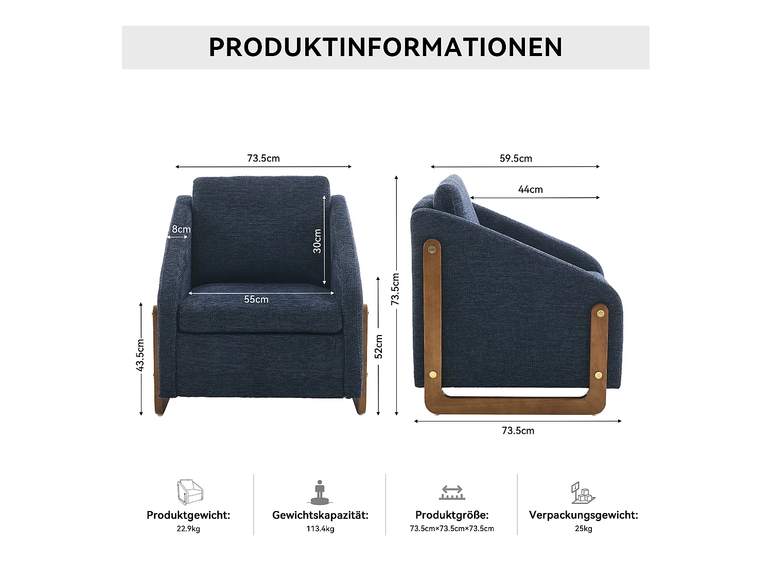 Fauteuil accent, fauteuil de salon, fauteuil avec accoudoirs en bois, en Chenille bleu, 73.5x73.5x73.5 cm