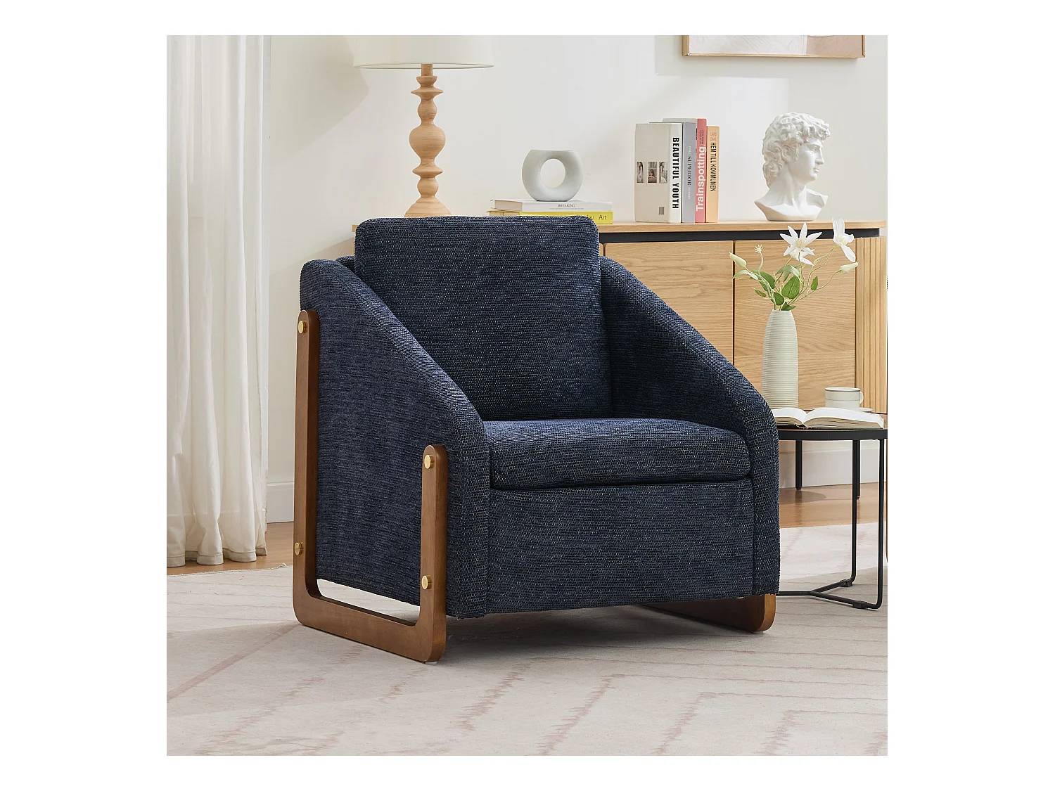 Fauteuil accent, fauteuil de salon, fauteuil avec accoudoirs en bois, en Chenille bleu, 73.5x73.5x73.5 cm