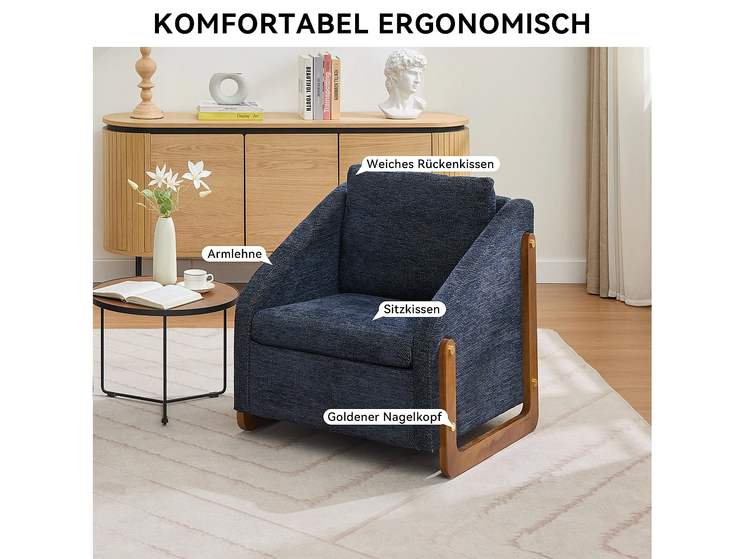 Fauteuil accent, fauteuil de salon, fauteuil avec accoudoirs en bois, en Chenille bleu, 73.5x73.5x73.5 cm