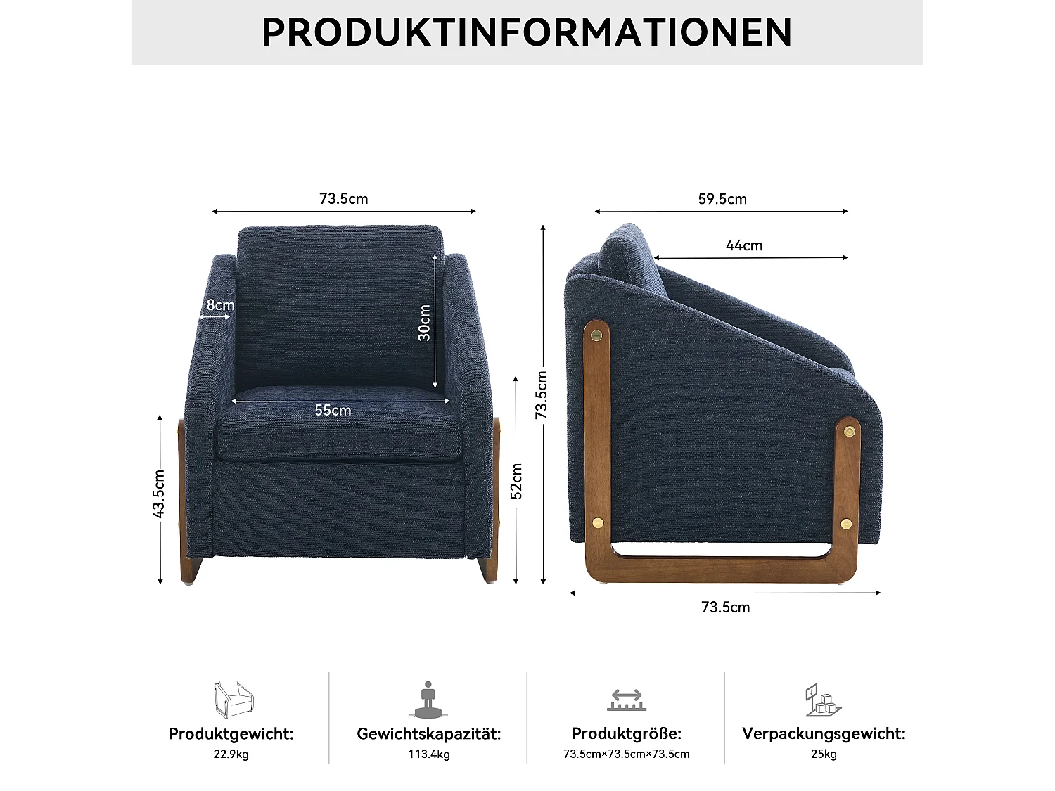 Fauteuil accent, fauteuil de salon, fauteuil avec accoudoirs en bois, en Chenille bleu, 73.5x73.5x73.5 cm