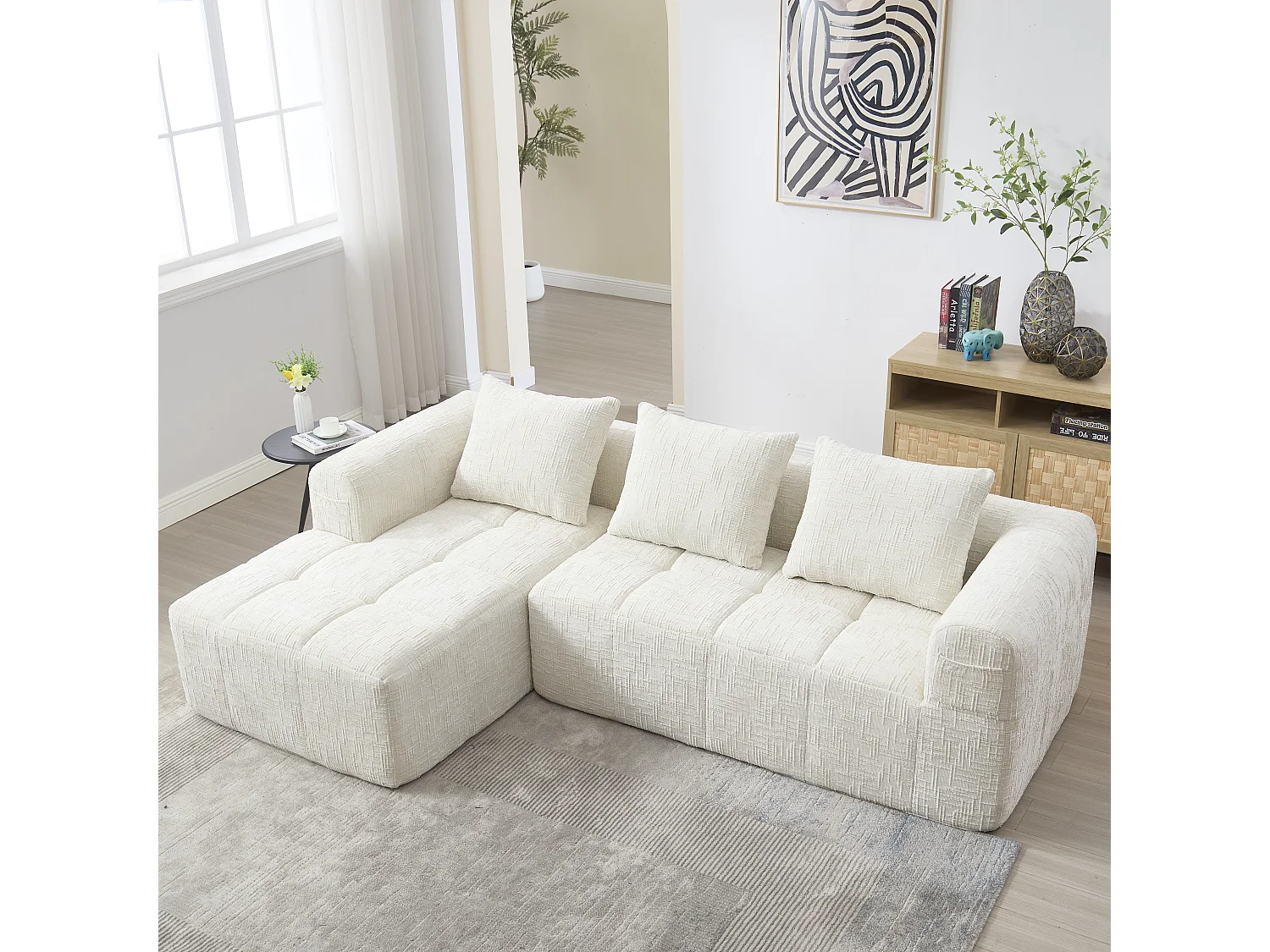 Canapé Sectionnel Moderne, 3 Places Chenille, Chaiselongue, Accoudoirs, 3 Coussins, Poches Latérales, Beige