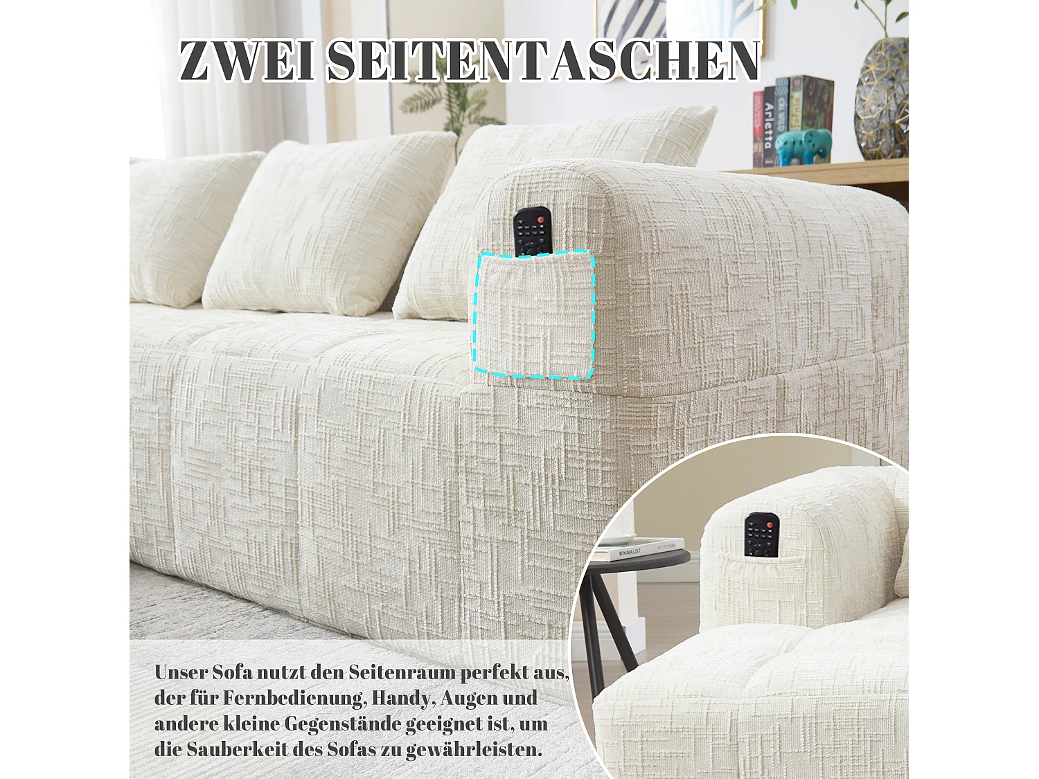 Moderne hoekbank, 3-zits chenille, chaise longue, armleuningen, 3 kussens, zijzakken, beige (lengte x breedte x hoogte cm)