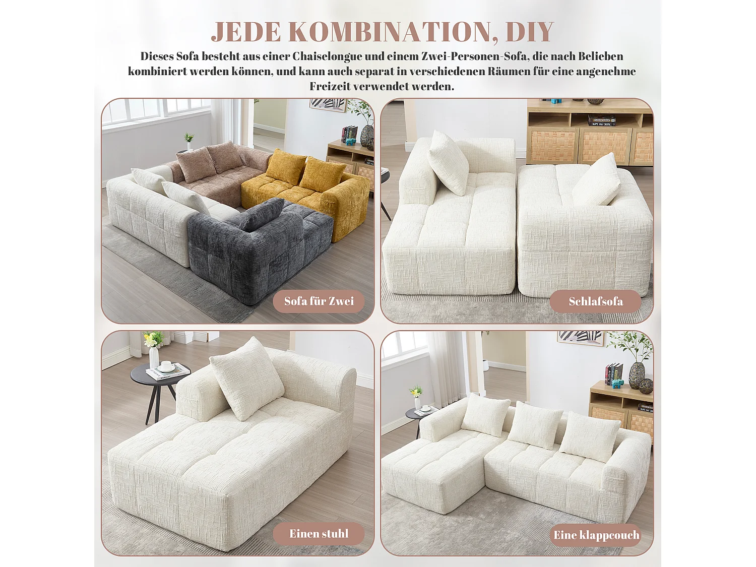 Moderne hoekbank, 3-zits chenille, chaise longue, armleuningen, 3 kussens, zijzakken, beige (lengte x breedte x hoogte cm)