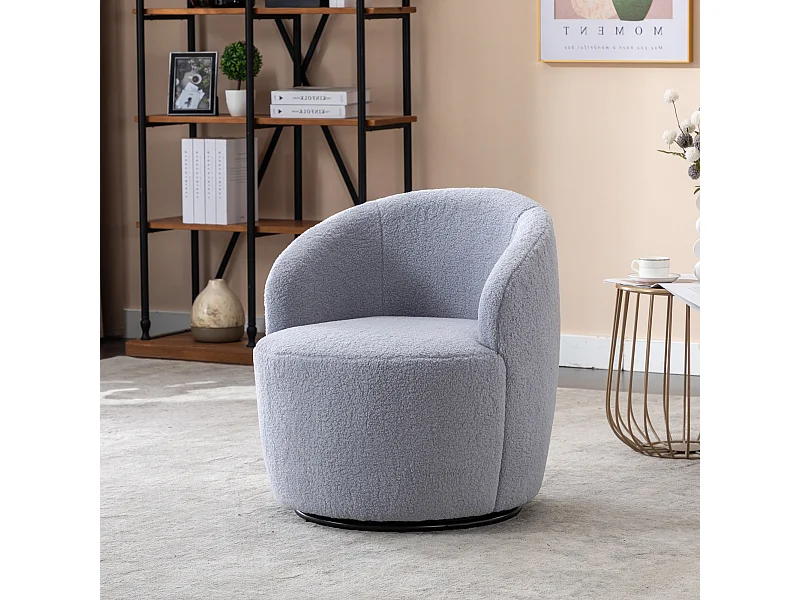 Sillón giratorio de tela Tejido de felpa, diseño de huevo, con base de metal negro, gris claro (62x63x69,5 cm)