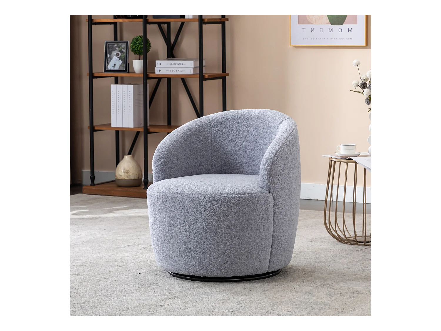 Sillón giratorio de tela Tejido de felpa, diseño de huevo, con base de metal negro, gris claro (62x63x69,5 cm)