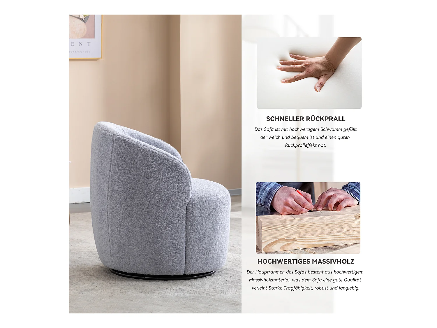 Sillón giratorio de tela Tejido de felpa, diseño de huevo, con base de metal negro, gris claro (62x63x69,5 cm)