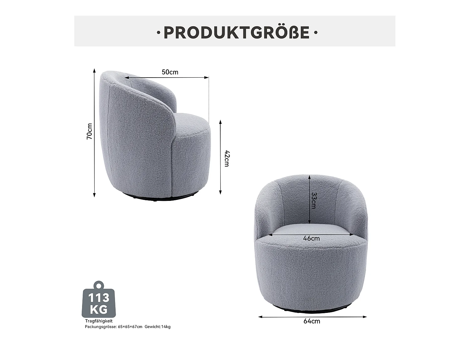 Sillón giratorio de tela Tejido de felpa, diseño de huevo, con base de metal negro, gris claro (62x63x69,5 cm)