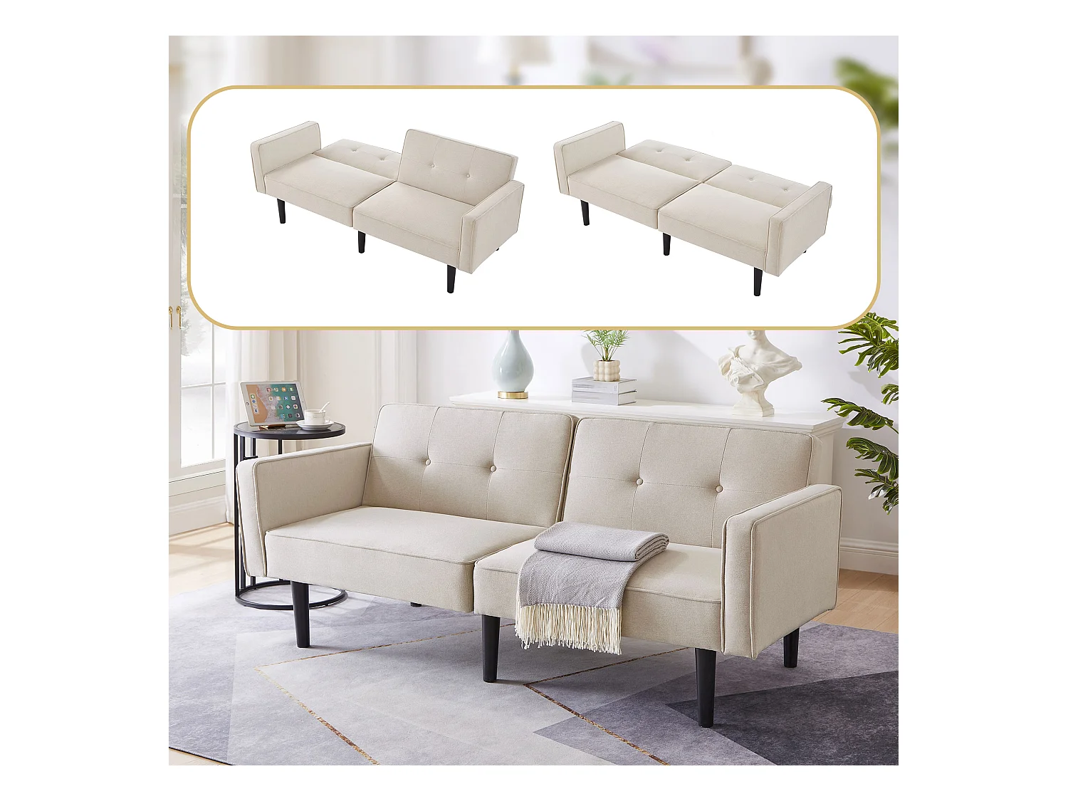 Canapé convertible 2 places avec dossier réglable, en tissu coton-lin, beige (176x76x74 cm)