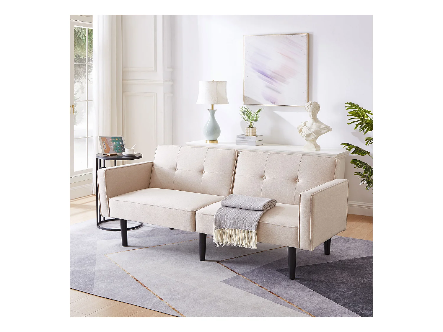 Canapé convertible 2 places avec dossier réglable, en tissu coton-lin, beige (176x76x74 cm)